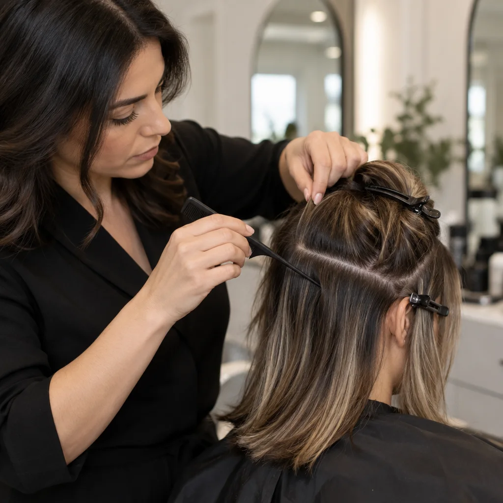 Styliste qui sépare les cheveux d’une cliente pendant un service de lissage personnalisé.