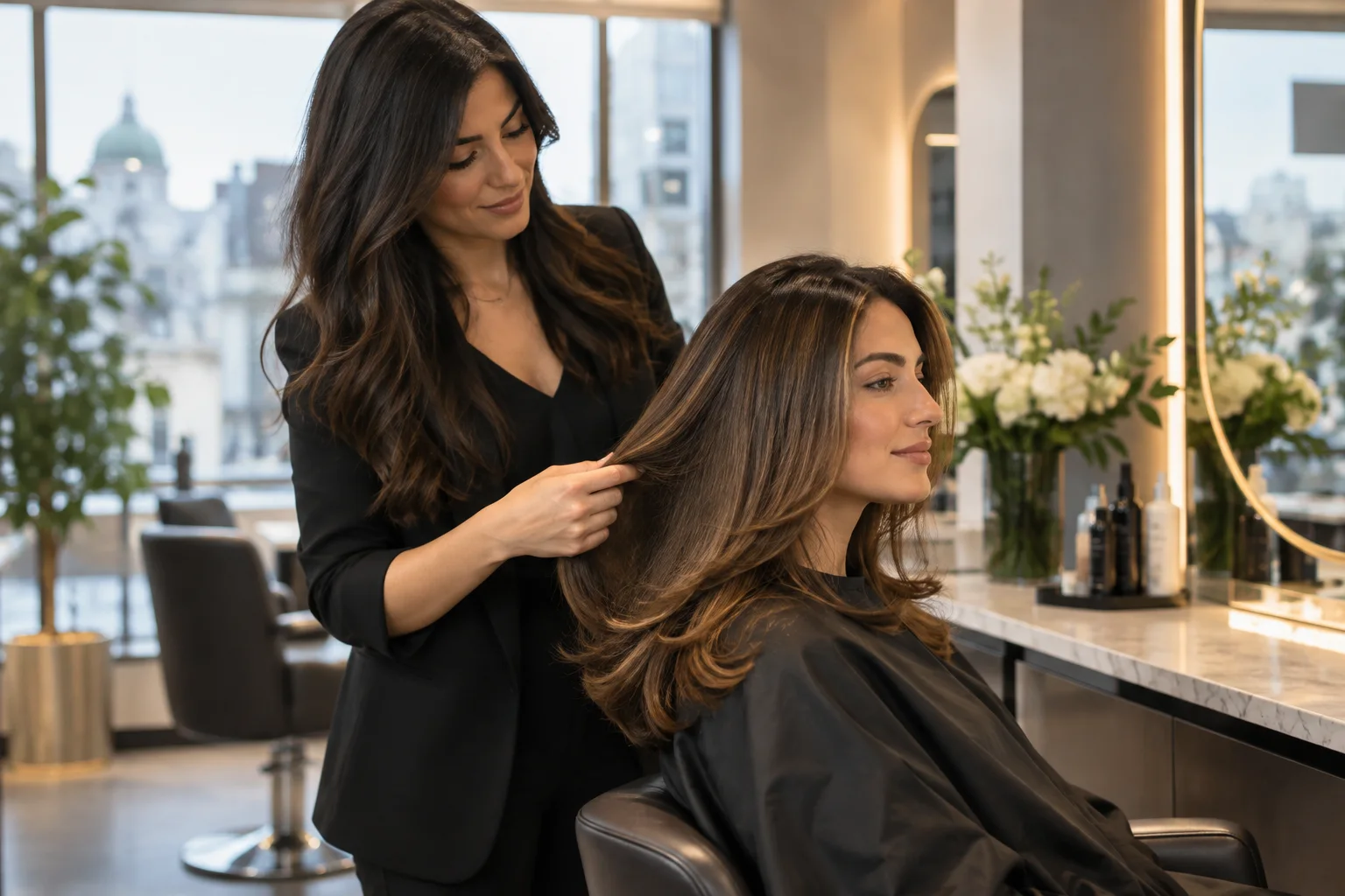 Styliste lissant les cheveux d’une cliente pendant un soin Botox capillaire en salon.