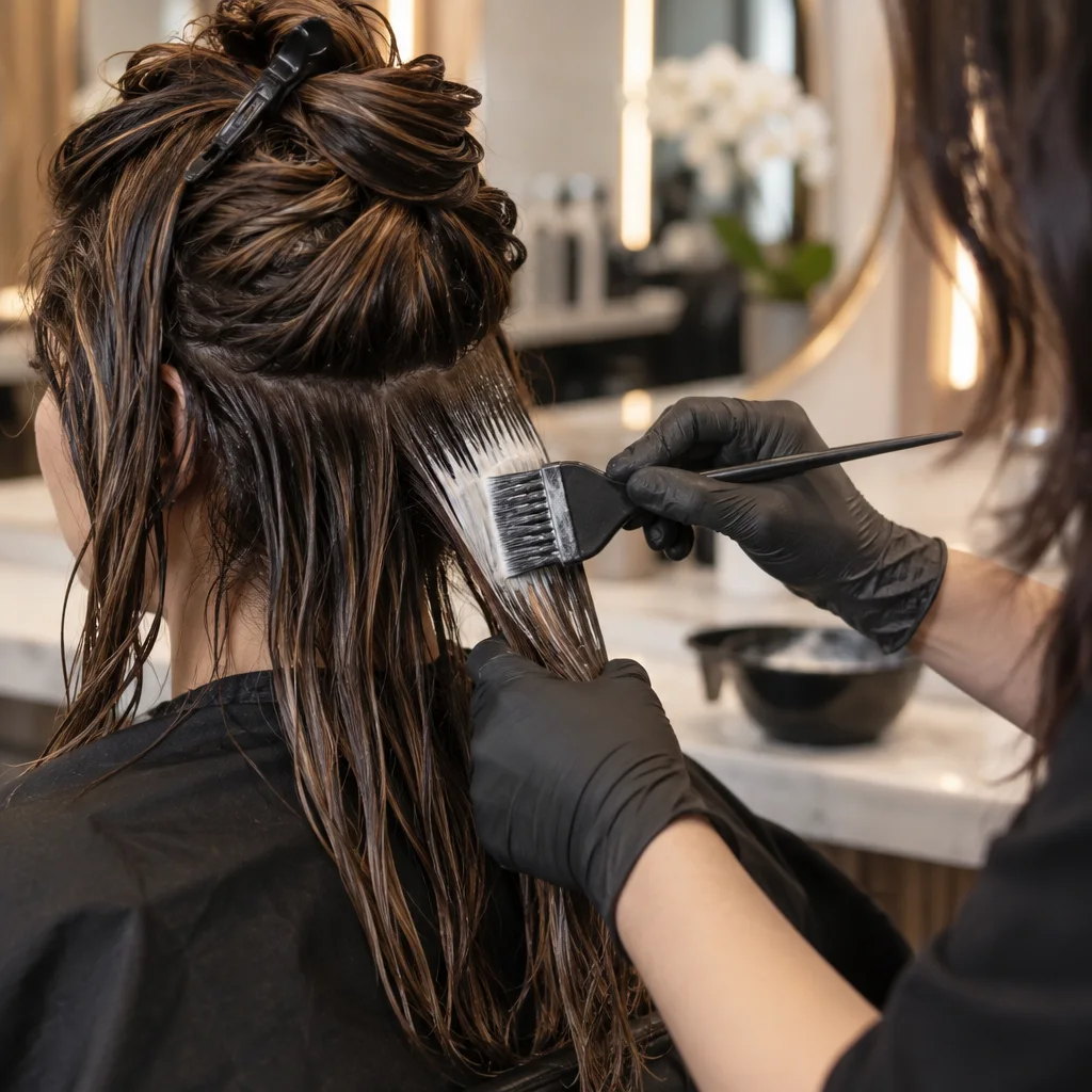 Gros plan d’une styliste appliquant un soin réparateur sur les cheveux d’une cliente.