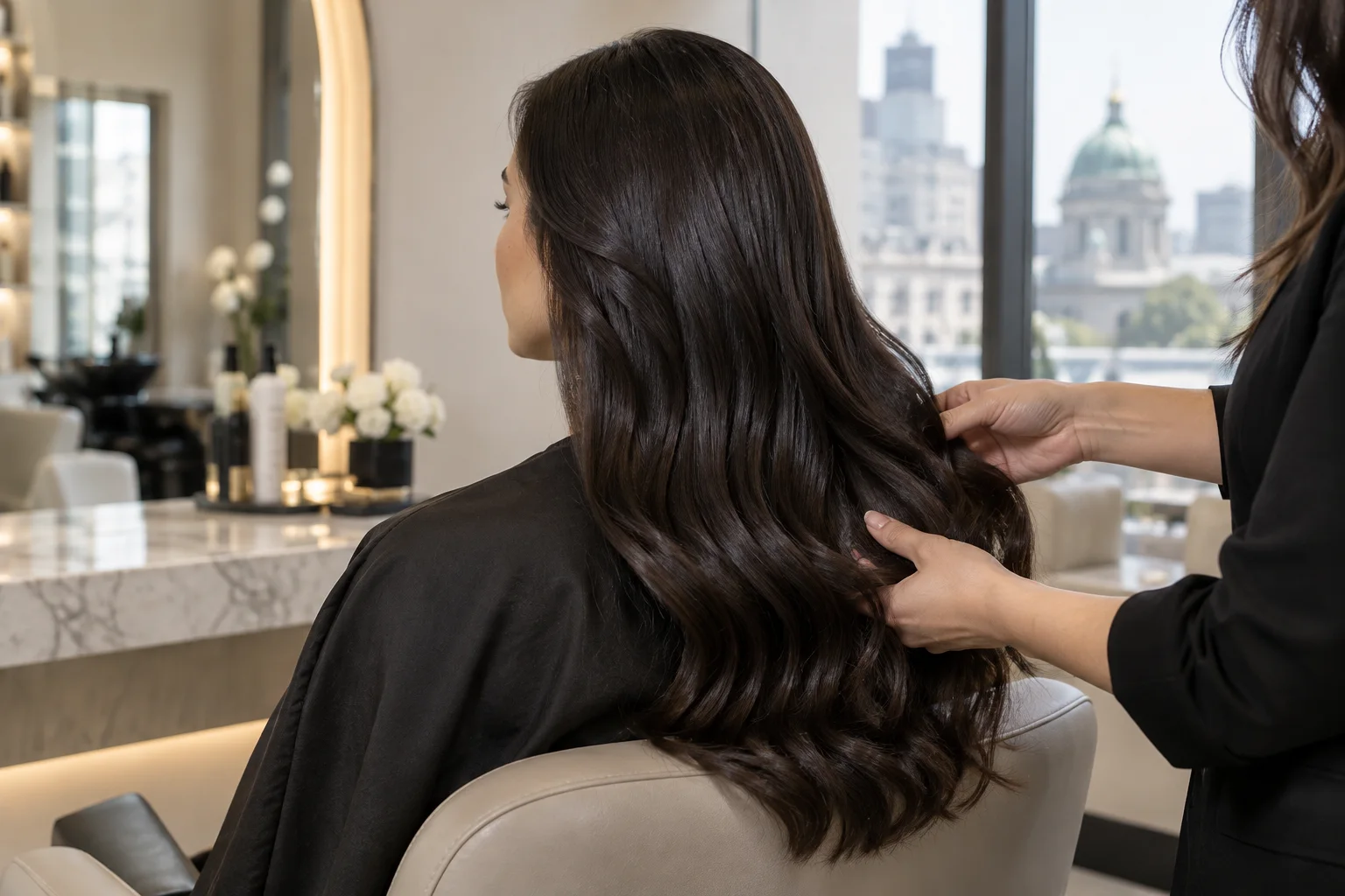 Cheveux lisses et brillants après un traitement à la kératine dans un salon de Montréal.