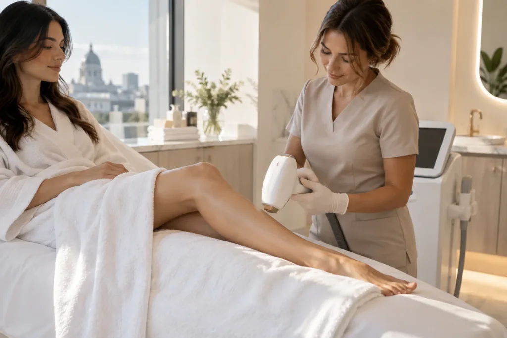 Rendez-vous d’épilation laser des demi-jambes dans un institut de beauté raffiné à Montréal.