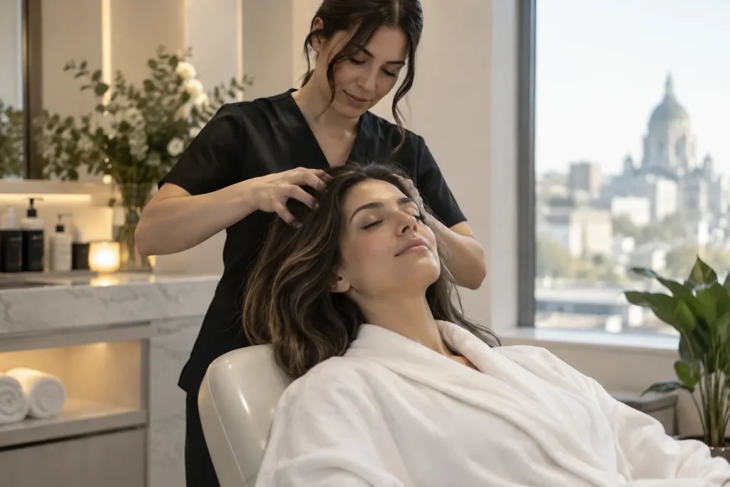 Aesthetician giving a relaxing scalp massage to a reclining client in a refined salon.
