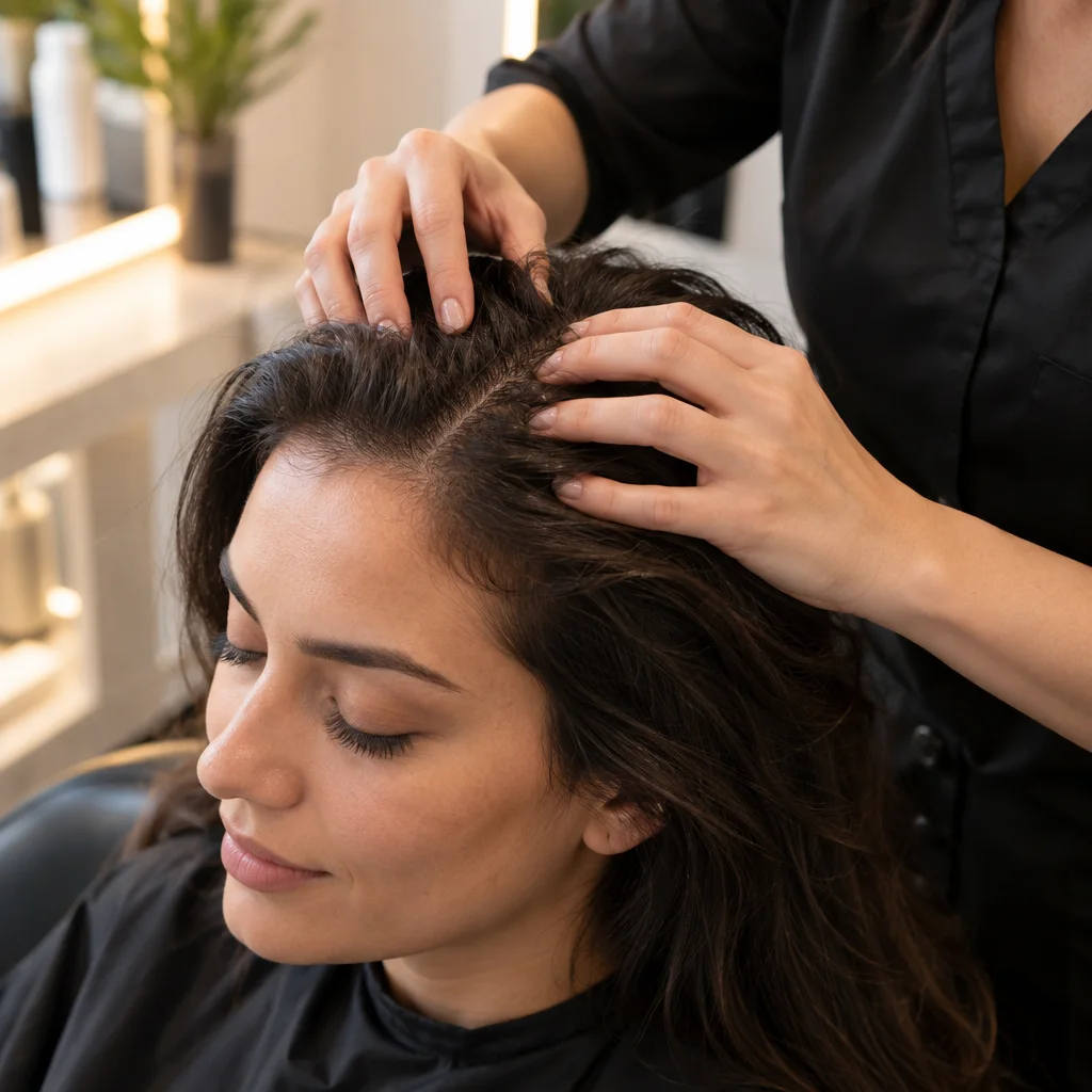 Gros plan sur des mains professionnelles effectuant un massage doux du cuir chevelu près de la ligne des cheveux.