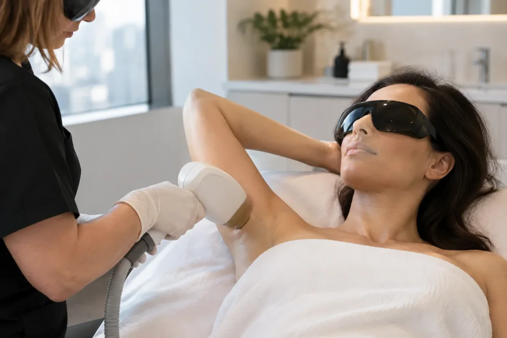 Professional laser hair removal treatment on an underarm at a Montreal beauty clinic.