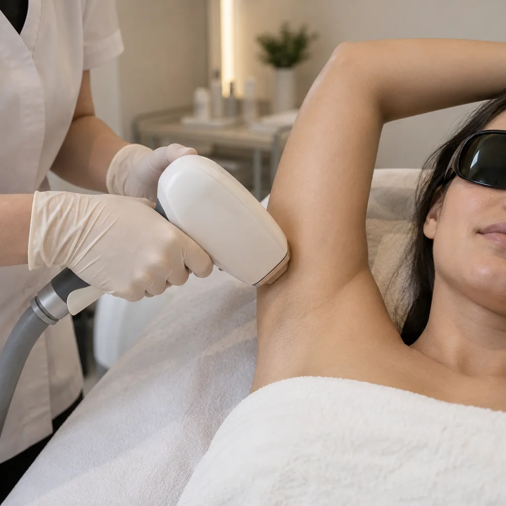 Close-up of a laser hair removal handpiece during an underarm treatment.